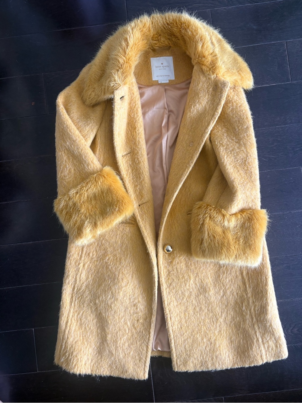 kate spade Mustard Faux-Fur Trim Mohair Blend Pea Coat - Picture 3 of 3